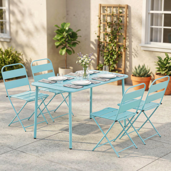 Ensemble de Salle à Manger Extérieur 5 Pièces, pour 4 Personnes, Plateau à Lattes, Chaises Pliantes, Cadre Antirouille, Vert Clair