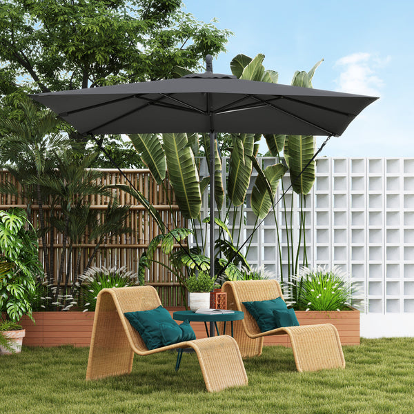 Parasol déporté 2,5 x 2,5 m, parasol de jardin extérieur, Toile ajustable, 8 baleines, base en croix et manivelle, Housse de Protection, gris foncé
