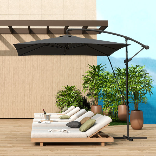 Parasol déporté 2,5 x 2,5 m, parasol de jardin extérieur, Toile ajustable, 8 baleines, base en croix et manivelle, Housse de Protection, gris foncé