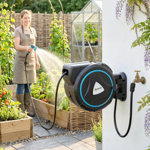 Enrouleur Tuyau Arrosage Mural Automatique 23+2m - Dévidoir Automatique Pistolet d'Arrosage 10+2 Modes - Solution d'Irrigation Rétractable et Flexible pour Jardin, Nettoyage Voiture, Bleu