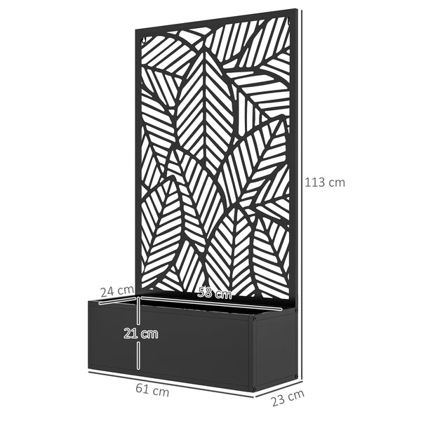 Jardinière avec treillis, brise-vue paravent, jardinière extérieure métal sur pieds ou murale, motif de grandes feuilles, bac à fleurs rectangulaire balcon terrasse, 61x23x113cm, noir