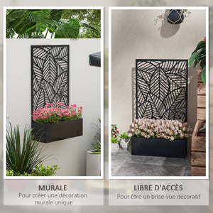Jardinière avec treillis, brise-vue paravent, jardinière extérieure métal sur pieds ou murale, motif de grandes feuilles, bac à fleurs rectangulaire balcon terrasse, 61x23x113cm, noir