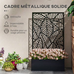 Jardinière avec treillis, brise-vue paravent, jardinière extérieure métal sur pieds ou murale, motif de grandes feuilles, bac à fleurs rectangulaire balcon terrasse, 61x23x113cm, noir