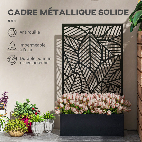 Jardinière avec treillis, brise-vue paravent, jardinière extérieure métal sur pieds ou murale, motif de grandes feuilles, bac à fleurs rectangulaire balcon terrasse, 61x23x113cm, noir