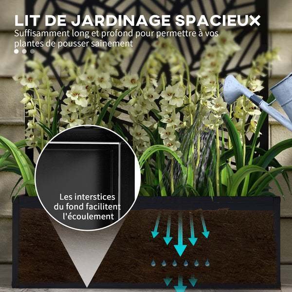 Jardinière avec treillis, brise-vue paravent, jardinière extérieure métal sur pieds ou murale, motif de grandes feuilles, bac à fleurs rectangulaire balcon terrasse, 61x23x113cm, noir