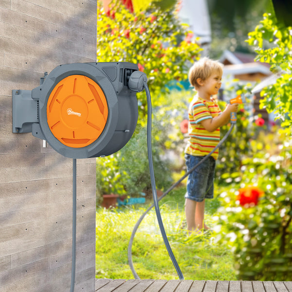 Enrouleur Tuyau Arrosage Mural 30 m x Ø 15 mm, Dévidoir Automatique de Tuyaux d'Eau Rétractable Automatique Pivotant à 180°, Buse à 7 Modes, pour Jardin et Lavage de Voiture, Orange