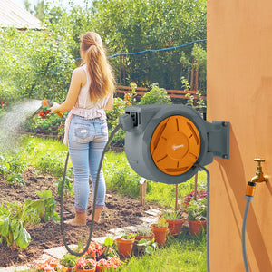 Enrouleur Tuyau Arrosage Mural 30 m x Ø 15 mm, Dévidoir Automatique de Tuyaux d'Eau Rétractable Automatique Pivotant à 180°, Buse à 7 Modes, pour Jardin et Lavage de Voiture, Orange
