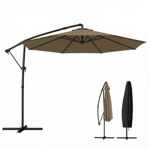 Parasol déporté rond 3 m, parasol de jardin extérieur avec housse de protection, parasol inclinable, manivelle et rotation à 360°, toile polyester 180 g/m², protection UV UPF50+, kaki
