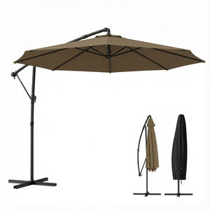 Parasol déporté rond 3 m, parasol de jardin extérieur avec housse de protection, parasol inclinable, manivelle et rotation à 360°, toile polyester 180 g/m², protection UV UPF50+, kaki