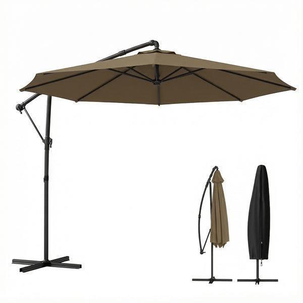 Parasol déporté rond 3 m, parasol de jardin extérieur avec housse de protection, parasol inclinable, manivelle et rotation à 360°, toile polyester 180 g/m², protection UV UPF50+, kaki