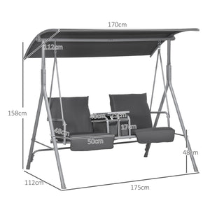Balancelle de jardin 2 places avec auvent inclinable tablette centrale 2 porte-gobelets pour terrasse 175L x 112l x 158H cm balcon gris