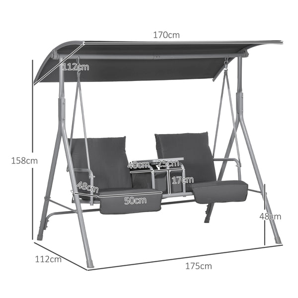 Balancelle de jardin 2 places avec auvent inclinable tablette centrale 2 porte-gobelets pour terrasse 175L x 112l x 158H cm balcon gris
