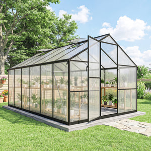 Serre de jardin en aluminium polycarbonate 8,97m² 363x247cm, serre avec fenêtres réglables, porte battante et gouttières, abri extérieur résistant aux intempéries pour plante fleur, noir