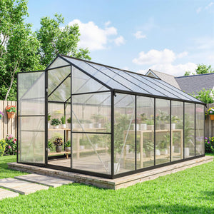 Serre de jardin en aluminium polycarbonate 8,97m² 363x247cm, serre avec fenêtres réglables, porte battante et gouttières, abri extérieur résistant aux intempéries pour plante fleur, noir