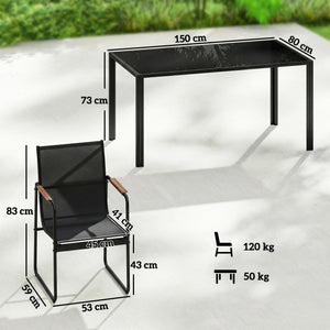 Ensemble de Salle à Manger d'Extérieur 7 Pièces pour 6 Personnes, Table en Verre et Chaises avec Accoudoirs Décoratifs, Mobilier de Jardin en Acier pour Terrasse et Jardin, Noir