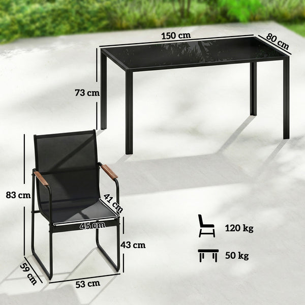 Ensemble de Salle à Manger d'Extérieur 7 Pièces pour 6 Personnes, Table en Verre et Chaises avec Accoudoirs Décoratifs, Mobilier de Jardin en Acier pour Terrasse et Jardin, Noir
