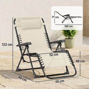 Lot de 2 bain de soleil, chaise longue pliante avec appuie-tête en textilène, transat jardin extérieur inclinable de plage camping piscine terrasse, 90 x 65 x 112 cm, beige
