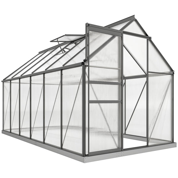 Serre de Jardin 7 m² en Aluminium Polycarbonate avec Fondation, 190 x 375 x 199 cm, Serre avec Fenêtre Réglable et Porte Coulissante, Abri Extérieur Résistant aux Intempéries, Gris Foncé