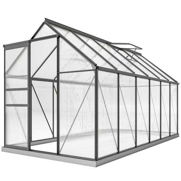 Serre de Jardin 7 m² en Aluminium Polycarbonate avec Fondation, 190 x 375 x 199 cm, Serre avec Fenêtre Réglable et Porte Coulissante, Abri Extérieur Résistant aux Intempéries, Gris Foncé