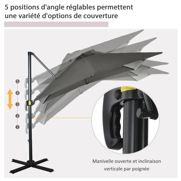 Parasol déporté carré inclinable manivelle avec pied en métal dim. 2,5L x 2,5l m alu. polyester haute densité gris