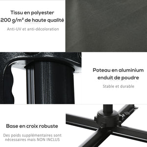Parasol déporté carré inclinable manivelle avec pied en métal dim. 2,5L x 2,5l m alu. polyester haute densité gris