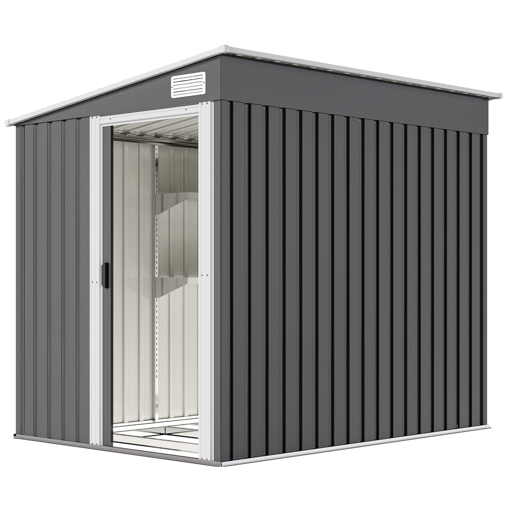 Abri de jardin en métal 2,81 m² avec fondation, abri à outils extérieur adossé en acier galvanisé, toit en pente, cabane de jardin avec 2 étagères ajustables, 154x206,5x181cm, gris