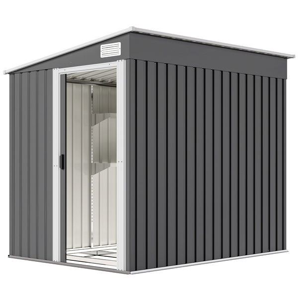 Abri de jardin en métal 2,81 m² avec fondation, abri à outils extérieur adossé en acier galvanisé, toit en pente, cabane de jardin avec 2 étagères ajustables, 154x206,5x181cm, gris