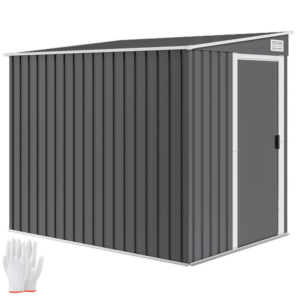 Abri de jardin en métal 2,81 m² avec fondation, abri à outils extérieur adossé en acier galvanisé, toit en pente, cabane de jardin avec 2 étagères ajustables, 154x206,5x181cm, gris