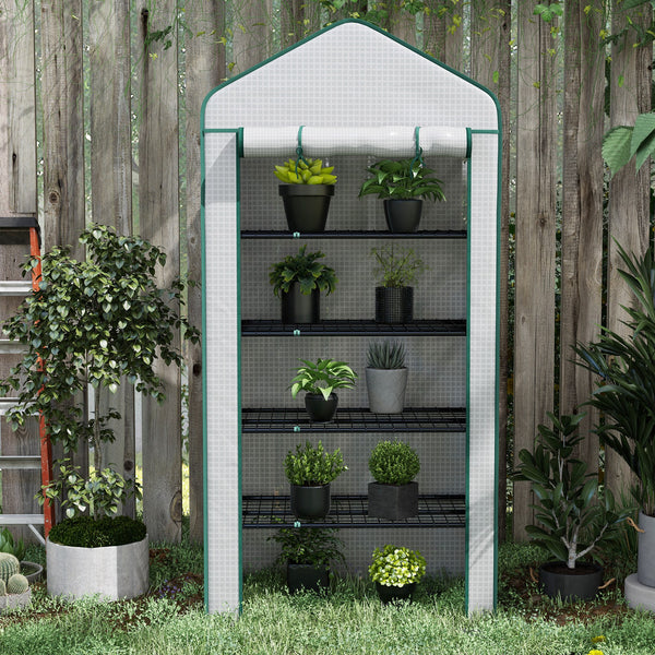 Serre de jardin avec étagères 5 niveaux, serre de balcon, bâche renforcée, châssis en acier, porte zippée enroulable, pour légumes plantes fleurs, 90x49x193cm, blanc