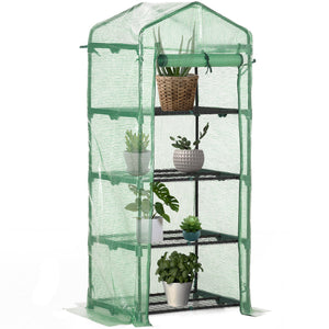 Serre de jardin PE avec étagères 4 niveaux, serre de balcon, bâche renforcée 140 /m², châssis en acier, porte zippée enroulable, pour légumes plantes, intérieur extérieur, 70x50x160cm, vert