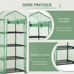Serre de jardin PE avec étagères 4 niveaux, serre de balcon, bâche renforcée 140 /m², châssis en acier, porte zippée enroulable, pour légumes plantes, intérieur extérieur, 70x50x160cm, vert