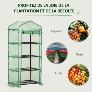 Serre de jardin PE avec étagères 4 niveaux, serre de balcon, bâche renforcée 140 /m², châssis en acier, porte zippée enroulable, pour légumes plantes, intérieur extérieur, 70x50x160cm, vert