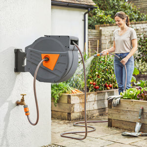 Enrouleur Tuyau Arrosage Mural 40+2 m Pivotant à 180°, Dévidoir de Tuyaux d'Eau, Buse 2 Modes, Rembobinage Auto et Progressif avec Verrou, Adaptateurs, pour Jardin, Lavage de Voiture, Orange