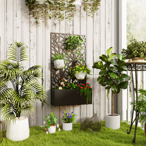 Jardinière avec treillis à motif arbres, bac à fleurs, lit surélevé, pour plantes grimpantes, légumes, fleurs, en métal, intérieur et extérieur, cour, jardin, balcon, 61 x 23 x 113 cm, noir