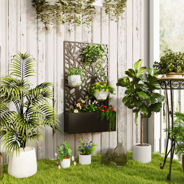 Jardinière avec treillis à motif arbres, bac à fleurs, lit surélevé, pour plantes grimpantes, légumes, fleurs, en métal, intérieur et extérieur, cour, jardin, balcon, 61 x 23 x 113 cm, noir