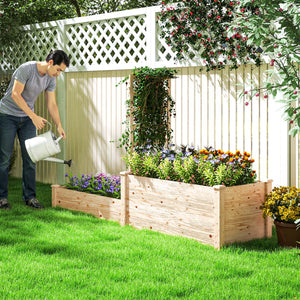 Jardinière avec treillis, lit surélevé de jardin, jardinière extérieure à 2 bacs avec fond ouvert, bac à fleurs en bois pour balcon terrasse patio, 222 x 63 x 132 cm, effet bois naturel