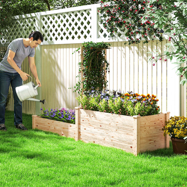Jardinière avec treillis, lit surélevé de jardin, jardinière extérieure à 2 bacs avec fond ouvert, bac à fleurs en bois pour balcon terrasse patio, 222 x 63 x 132 cm, effet bois naturel