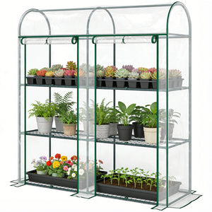Serre de Jardin avec Étagères 3 Niveaux à Toit Arrondi, Petite Serre de Balcon en Bâche PVC et Châssis Acier, 2 Portes Roulantes, pour Légumes Plantes Fleurs, 143 x 46 x 165 cm, Transparent