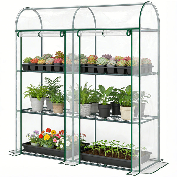 Serre de Jardin avec Étagères 3 Niveaux à Toit Arrondi, Petite Serre de Balcon en Bâche PVC et Châssis Acier, 2 Portes Roulantes, pour Légumes Plantes Fleurs, 143 x 46 x 165 cm, Transparent
