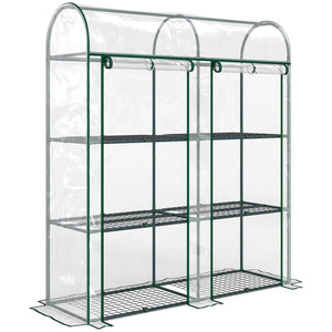 Serre de Jardin avec Étagères 3 Niveaux à Toit Arrondi, Petite Serre de Balcon en Bâche PVC et Châssis Acier, 2 Portes Roulantes, pour Légumes Plantes Fleurs, 143 x 46 x 165 cm, Transparent