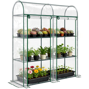 Serre de Jardin avec Étagères 3 Niveaux à Toit Arrondi, Petite Serre de Balcon en Bâche PVC et Châssis Acier, 2 Portes Roulantes, pour Légumes Plantes Fleurs, 143 x 46 x 165 cm, Transparent