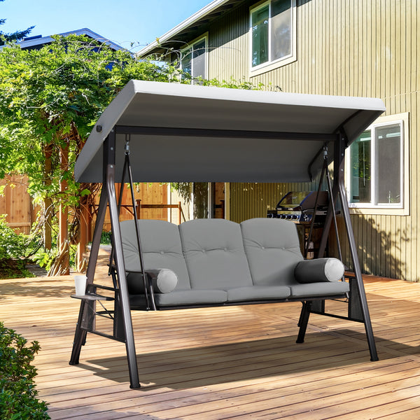 Balancelle de jardin 3 places grand confort toit inclinaison réglable coussins plateaux rétractables polyester filé gris clair