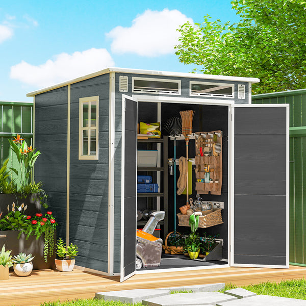 Abri de Jardin en Plastique 6 x 6 ft, Effet Bois, avec Plancher, Trois Fenêtres, Portes Verrouillables et Aérations, pour Outils, Vélo, Générateur, Gris
