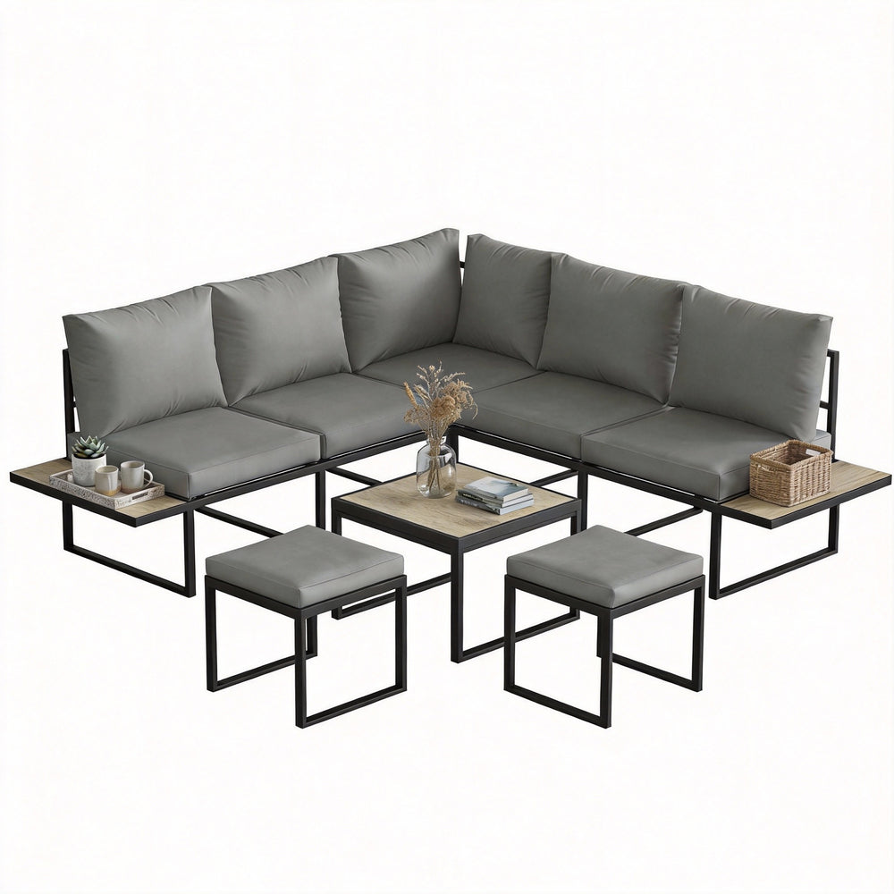Salon de jardin extérieur 6 personnes - ensemble de canapé extérieur modulable avec table basse et plateaux latéraux en bois PSPC - coussins épais 10cm confortable pour terrasse, balcon gris