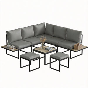 Salon de jardin extérieur 6 personnes - ensemble de canapé extérieur modulable avec table basse et plateaux latéraux en bois PSPC - coussins épais 10cm confortable pour terrasse, balcon gris
