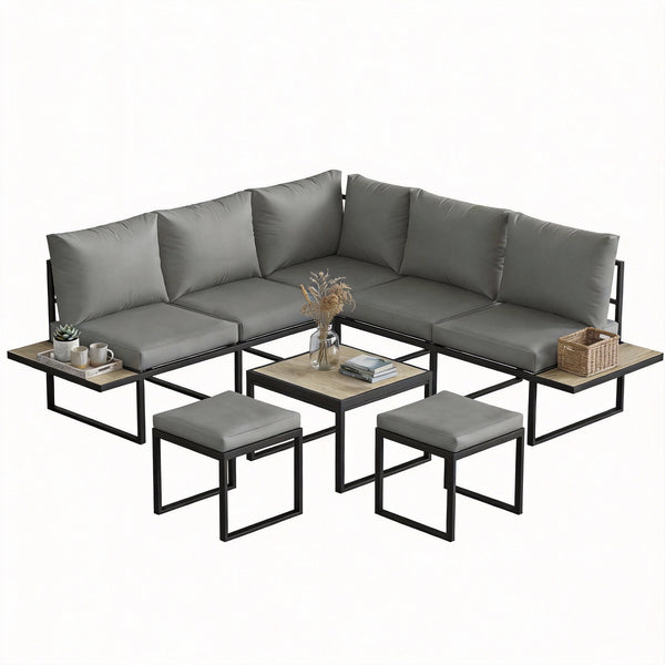 Salon de jardin extérieur 6 personnes - ensemble de canapé extérieur modulable avec table basse et plateaux latéraux en bois PSPC - coussins épais 10cm confortable pour terrasse, balcon gris