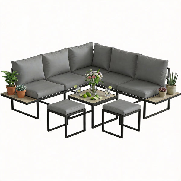 Salon de jardin extérieur 6 personnes - ensemble de canapé extérieur modulable avec table basse et plateaux latéraux en bois PSPC - coussins épais 10cm confortable pour terrasse, balcon gris