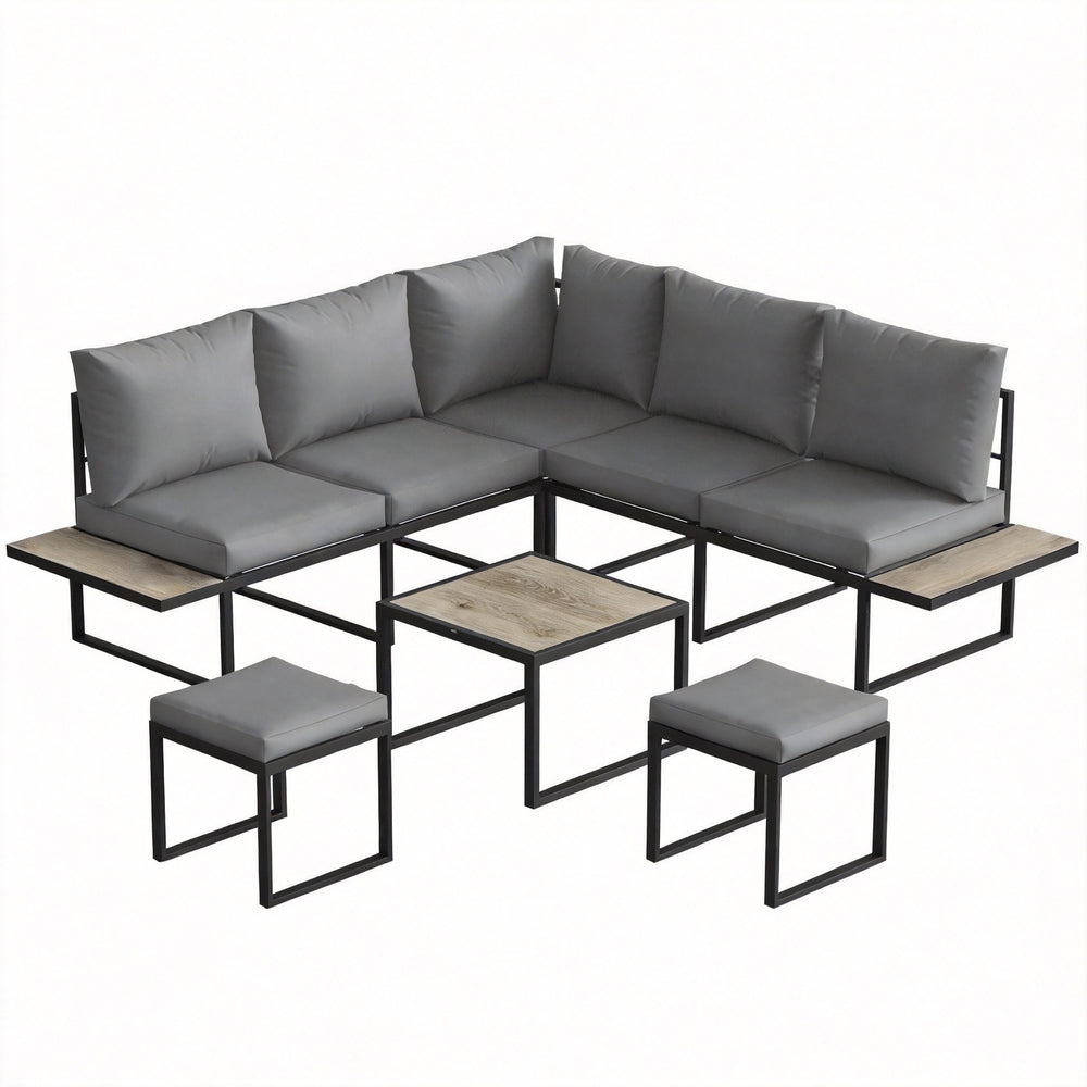 Salon de jardin extérieur 6 personnes - ensemble de canapé extérieur modulable avec table basse et plateaux latéraux en bois PSPC - coussins épais 10cm confortable pour terrasse, balcon gris