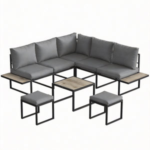 Salon de jardin extérieur 6 personnes - ensemble de canapé extérieur modulable avec table basse et plateaux latéraux en bois PSPC - coussins épais 10cm confortable pour terrasse, balcon gris