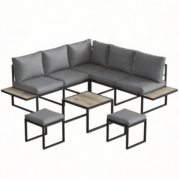 Salon de jardin extérieur 6 personnes - ensemble de canapé extérieur modulable avec table basse et plateaux latéraux en bois PSPC - coussins épais 10cm confortable pour terrasse, balcon gris